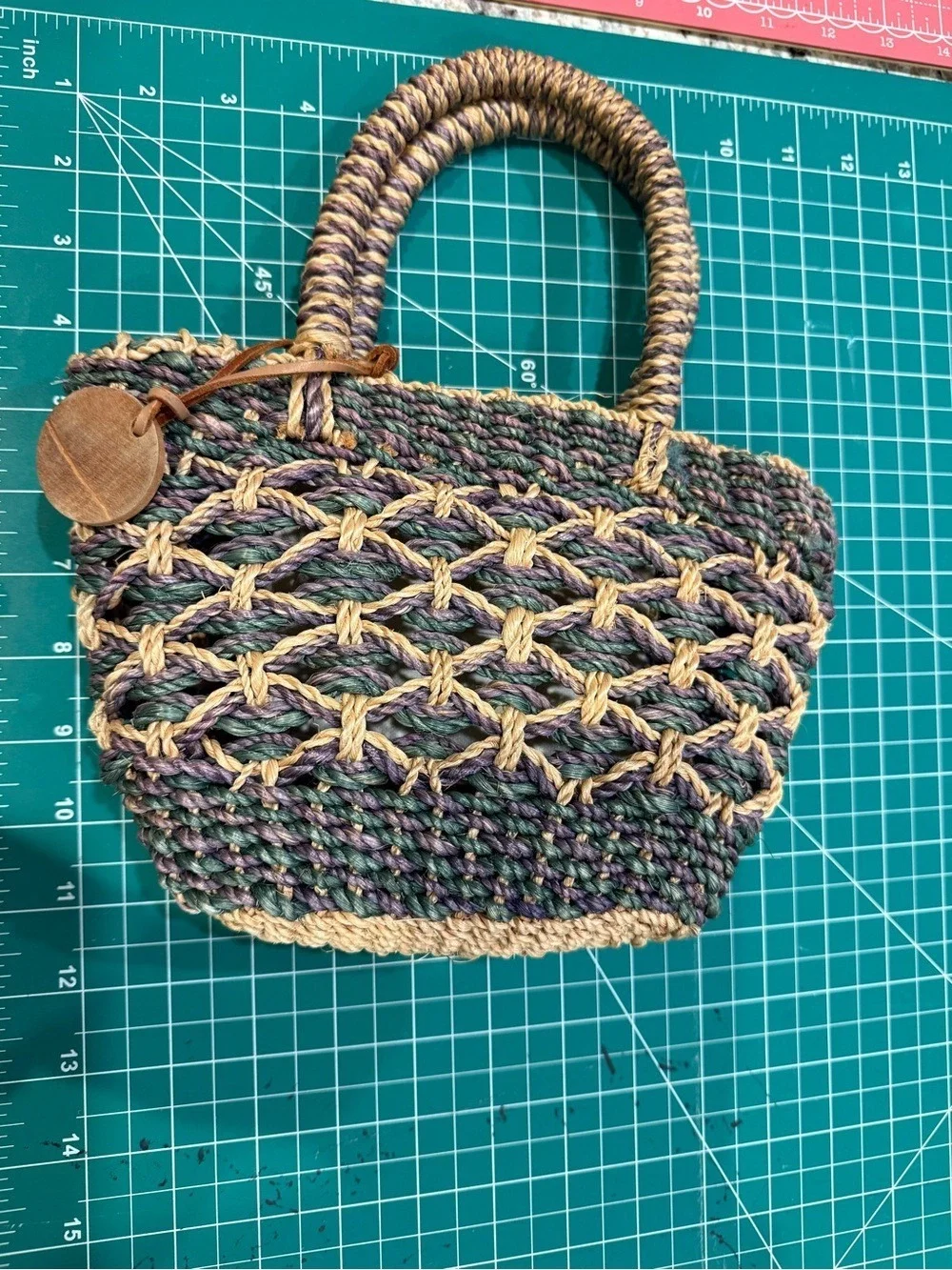 Nine West Woven Straw Mini Tote Purse Neutral Green Tan Open Weave Beach Bag